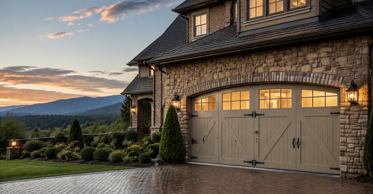 A carriage-style garage door on a stone-accented brick home below the Blue Ridge foothills