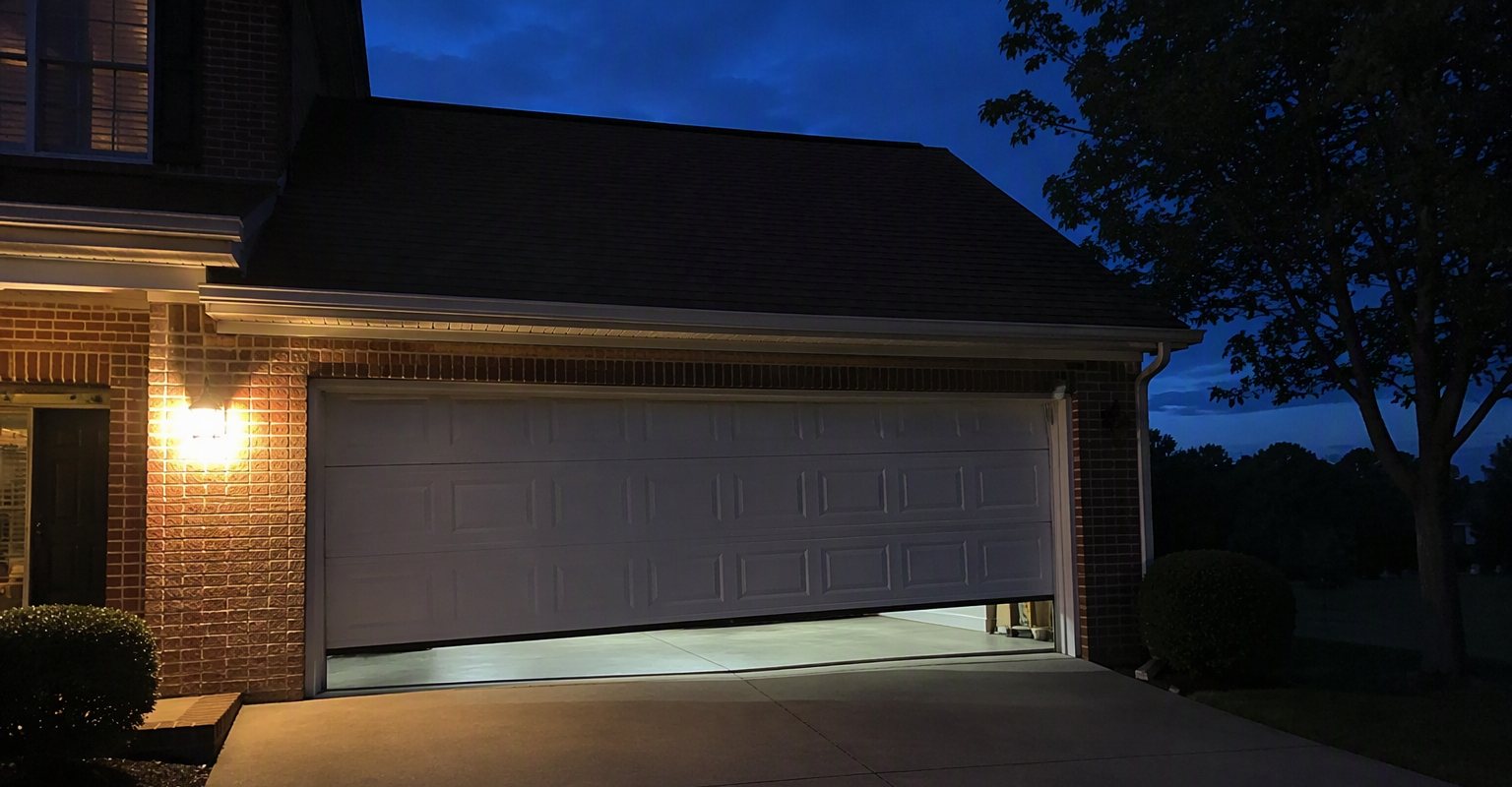 A garage door sitting crooked on its tracks at dusk